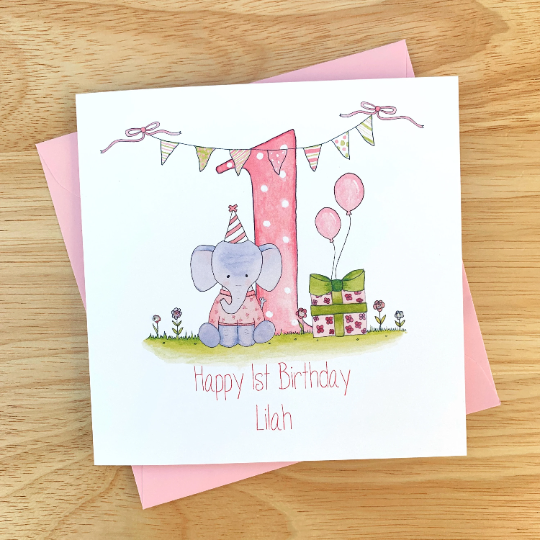 Personalised Girls 1st Birthday Card - Elephant